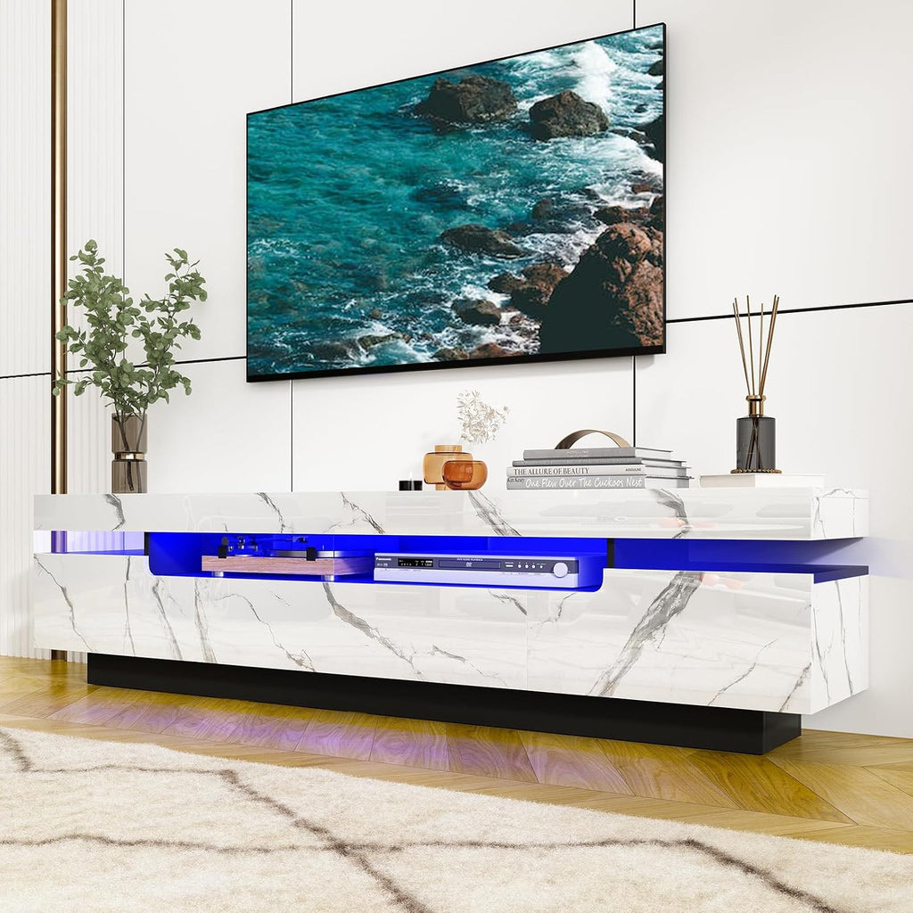 Uspeedy 70IN White TV Stand for 75/80 inch TV,Modern LED TV Stand for Living Room,High Gloss Entertainment Center with Storage Drawer,APP RGB Light,TV Console,Television Stands(Marbling)