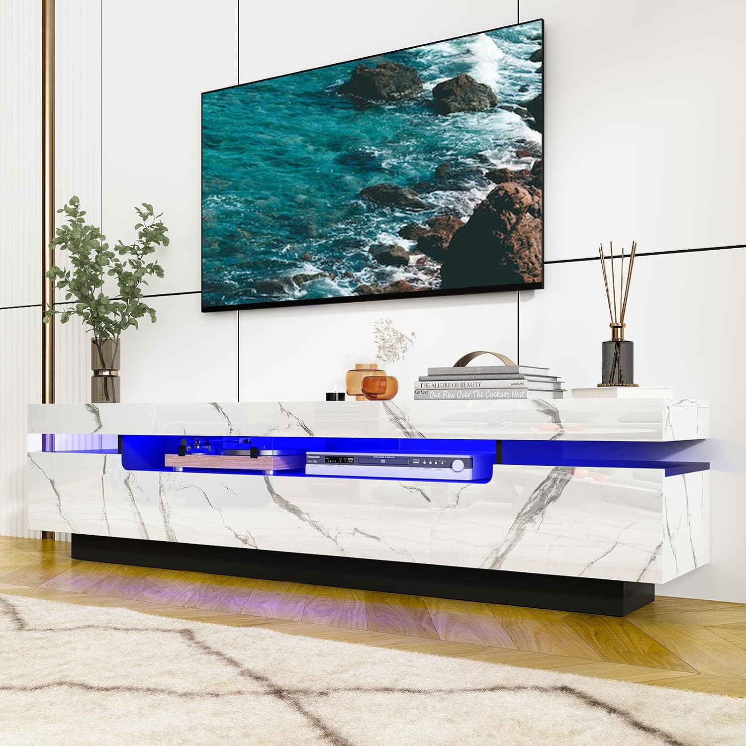 Uspeedy 70IN White TV Stand for 75/80 inch TV,Modern LED TV Stand for Living Room,High Gloss Entertainment Center with Storage Drawer,APP RGB Light,TV Console,Television Stands(Marbling)
