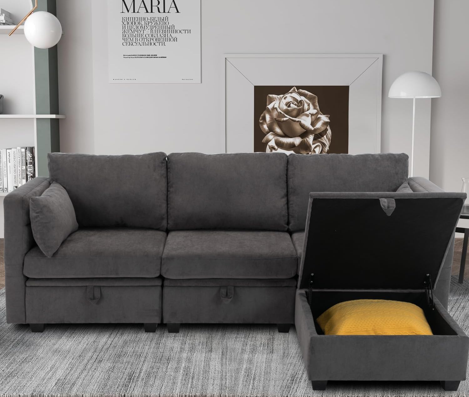 asunflower Modular Sectional Small Couch with Storage Seats, 3 Seater Couch with Ottoman Storage, L Shaped Sectional Sofa for Small Spaces, with Reclining Arms and Backs,Pillows Included, Dark Gray