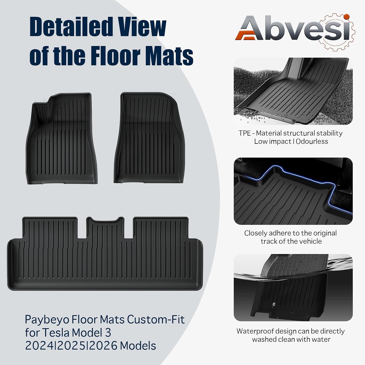 Floor Mats Compatible with Tesla Model 3 2024-2026 Highland 5-Seater, All Weather TPE Waterproof Odorless Complete Set with Seat Back Liner & Trunk Sill Guard Interior Accessories (8PCS)