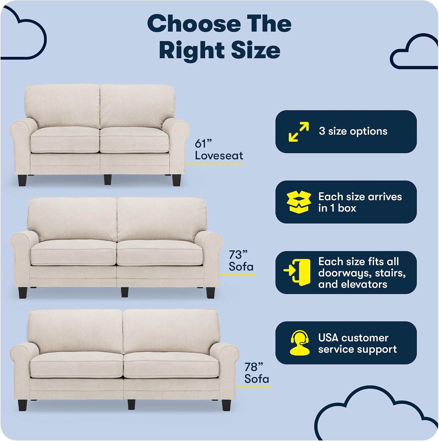 Serta Copenhagen 61' Rolled Arm Sofa, Easy Care Polyester, Soft Pillow Back, Pocket Coil Seat Cushions, Removable Covers, Loveseat or Couch for Small Spaces, Living Rooms or Bedrooms, Cream White