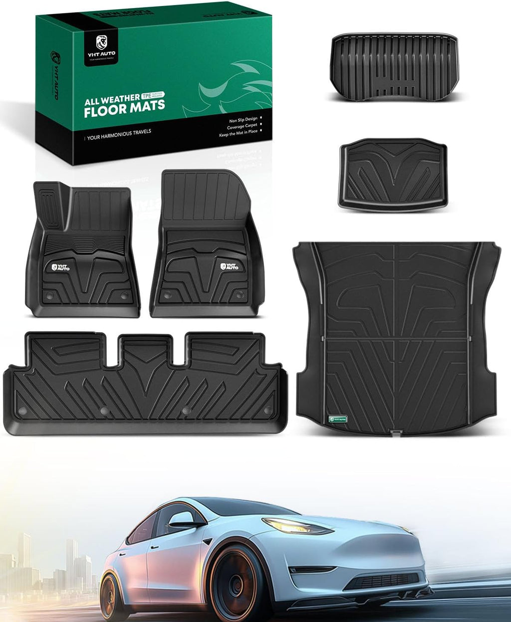 YHTAUTO for Tesla Model 3 Floor Mats 2020 2019 2018 2017 (Before June 2020), All Weather TPE Car Mats, Front Rear Trunk Mat Cargo Liner Storage Mat, Anti-Slip Waterproof Odorless, Set of 6