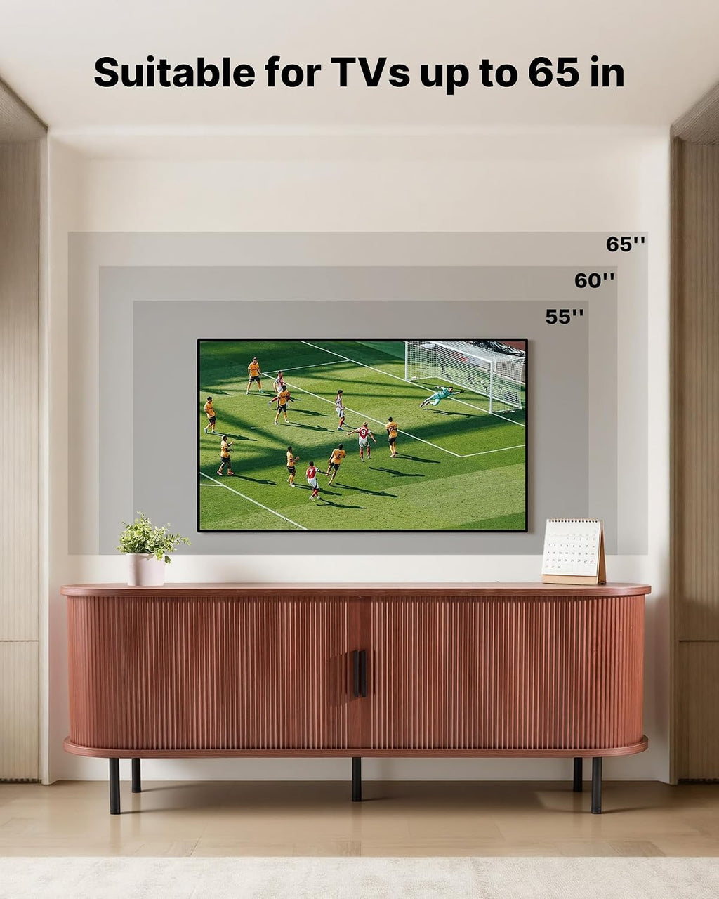 VEVOR Fluted TV Stand for TVs up to 65 inch, Mid-Century Modern Entertainment Center, Boho Media Console with Storage Cabinet & Sliding Tambour Door, Television Stand for Living Room, Bedroom, Walnut