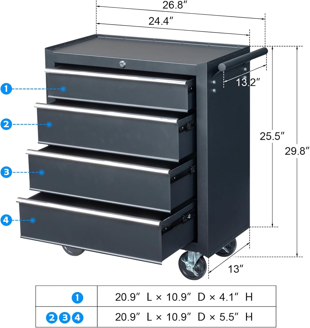 Metal Rolling Tool Box Organizer | Lockable Tool Chest with Wheels | Toolbox with 4 Sliding Drawers | Tool Storage Box Organizer for Garage Home Workshop & Tool Room