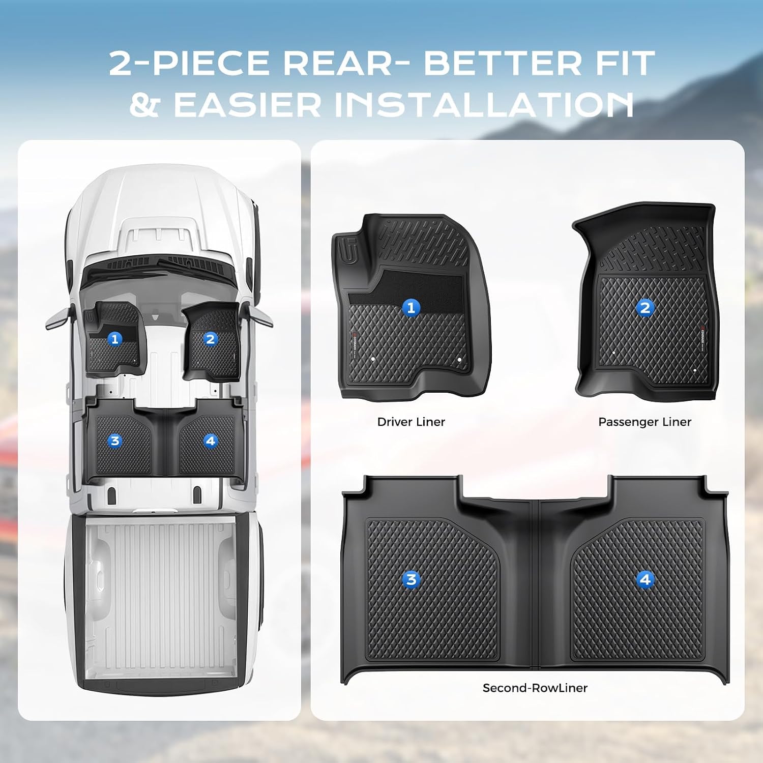 Coverado TPE Floor Mats for 2019-2024 Silverado 1500/Sierra Crew Cab, Driver Dual-Layer Anti-Slip&Split Rear Row, 1st&2nd Row Bucket Seat w/Rear Storage, All-Weather Liners, Not Fit LD/Bench/Regular
