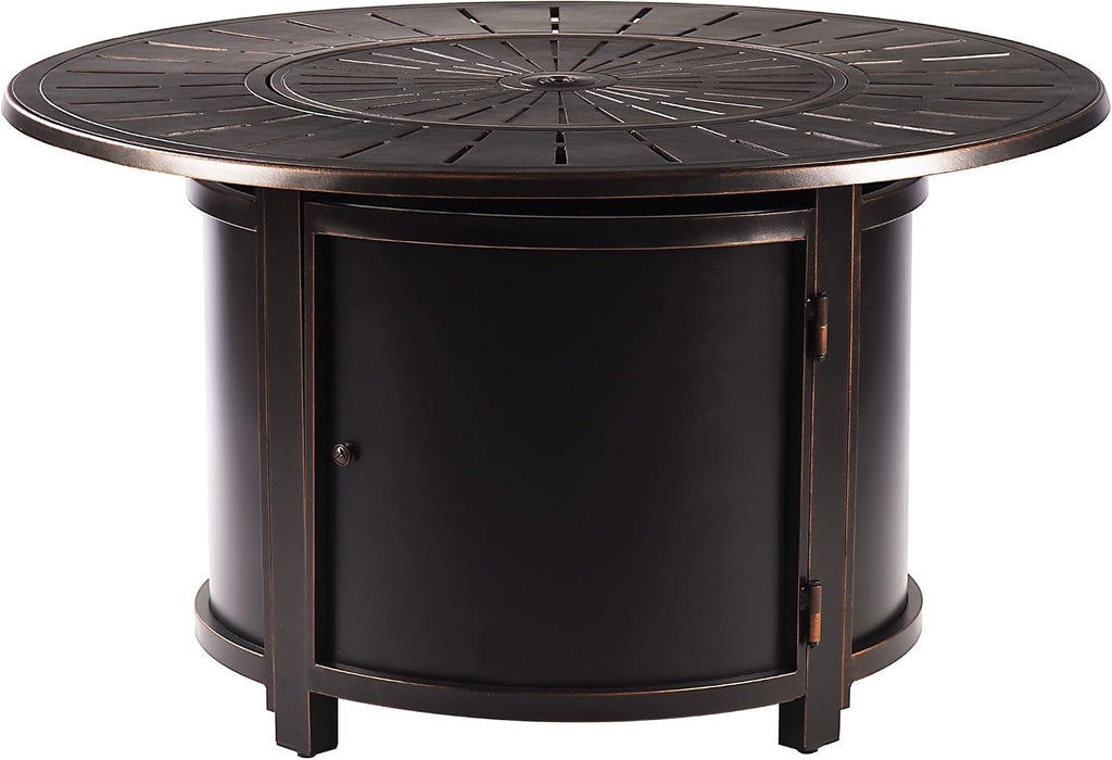 Oakland Living Aluminum 57,0000 BTU 44 in. Round Propane Black Fire Pit Table with Fire Beads, Lid, Propane Tank Cover and Table Fabric Covers in Copper Finish, (AZNOBU-FPT-AC)