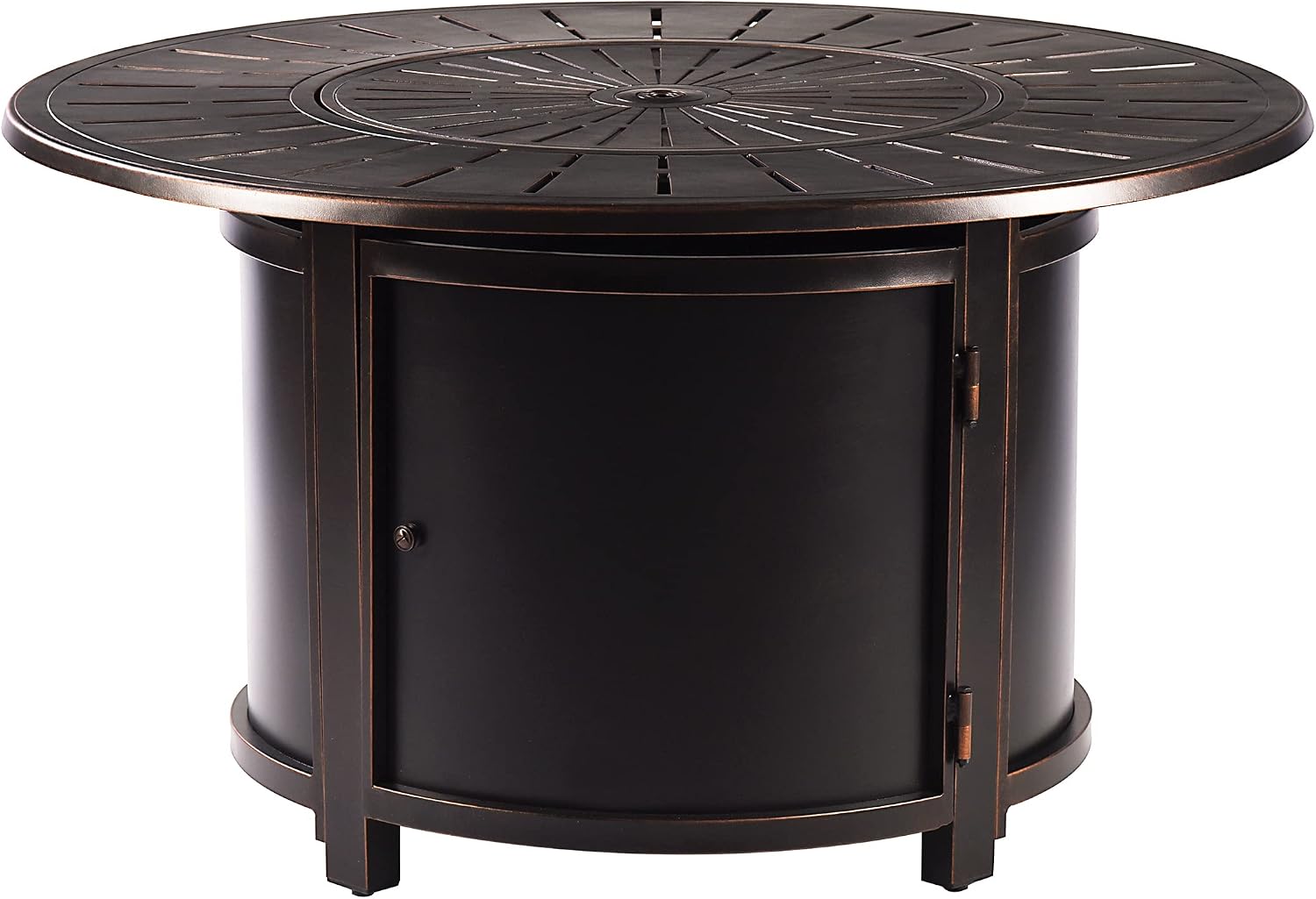 Oakland Living Aluminum 57,0000 BTU 44 in. Round Propane Black Fire Pit Table with Fire Beads, Lid, Propane Tank Cover and Table Fabric Covers in Copper Finish, (AZNOBU-FPT-AC)