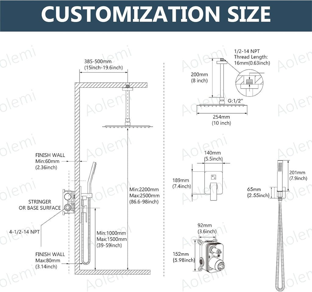 Aolemi Ceiling Mount Shower System Rain Shower Head with Handheld Spray High Pressure Shower Faucet Set Rough-in Valve Shower Trim Kit Included Bathroom Brushed Gold 10 Inch Ceiling Shower Head