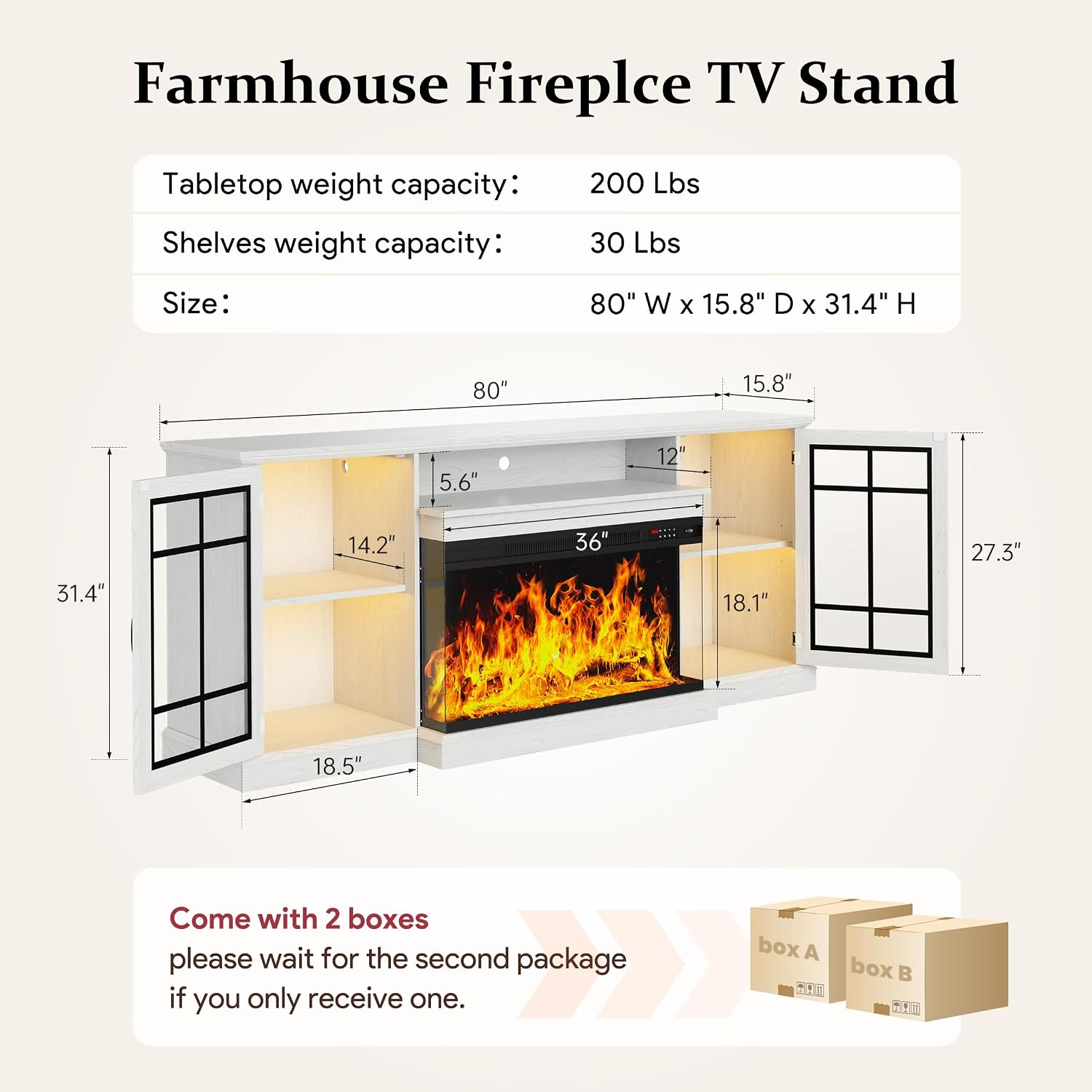 MXV 80'' Fireplace TV Stand, Farmhouse Entertainment Center with 3 Sided Glass TV Stand, Modern Media Console Table with Storage Drawers & Cabinets with LED Flame and Lights for Living Room, White