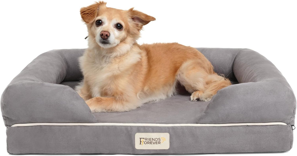 Friends Forever Orthopedic Dog Bed, Memory Foam Pet Sofa, Calming Dog Couch, Water Resistant Pet Bed, Washable Cover, Non-Slip Bottom, Chester, Grey, 25' x 20' x 5.5'