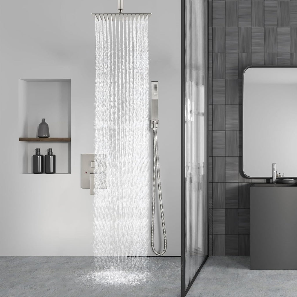 Aolemi Ceiling Mount Shower System Rain Shower Head with Handheld Spray High Pressure Shower Faucet Set Rough-in Valve Shower Trim Kit Included Bathroom Brushed Nickel 10 Inch Ceiling Shower Head