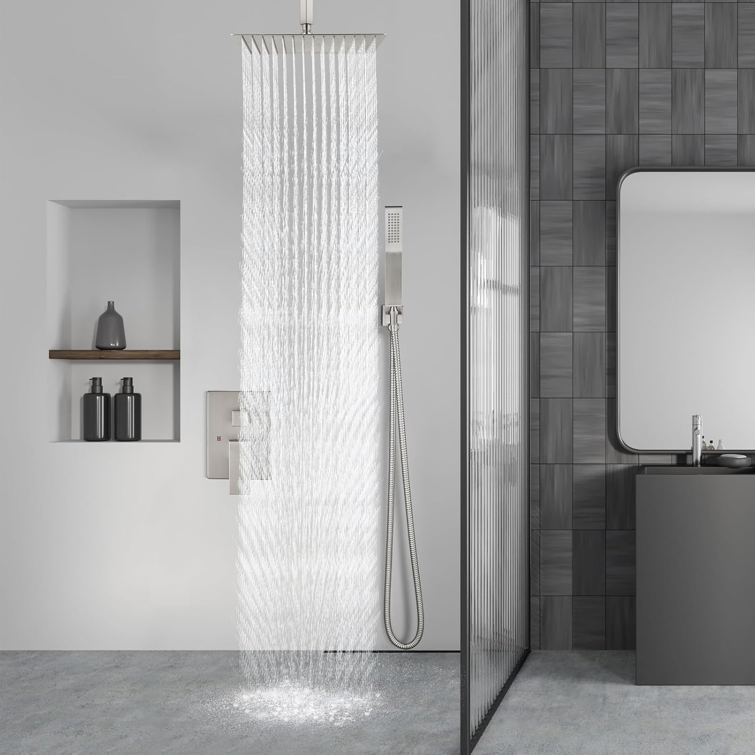 Aolemi Ceiling Mount Shower System Rain Shower Head with Handheld Spray High Pressure Shower Faucet Set Rough-in Valve Shower Trim Kit Included Bathroom Brushed Nickel 10 Inch Ceiling Shower Head