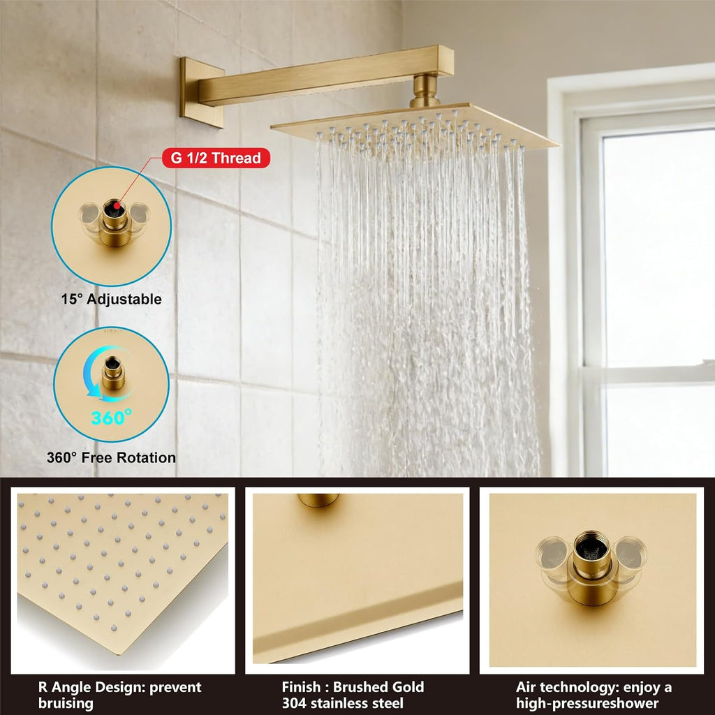 Midanya Shower System with Tub Spout,Bathtub Shower Faucet Set with Square Rainfall Head and Handheld Sprayer Wall Mount Tub Faucet Set with Valve and Trim Kit,10 Inch Brushed Gold