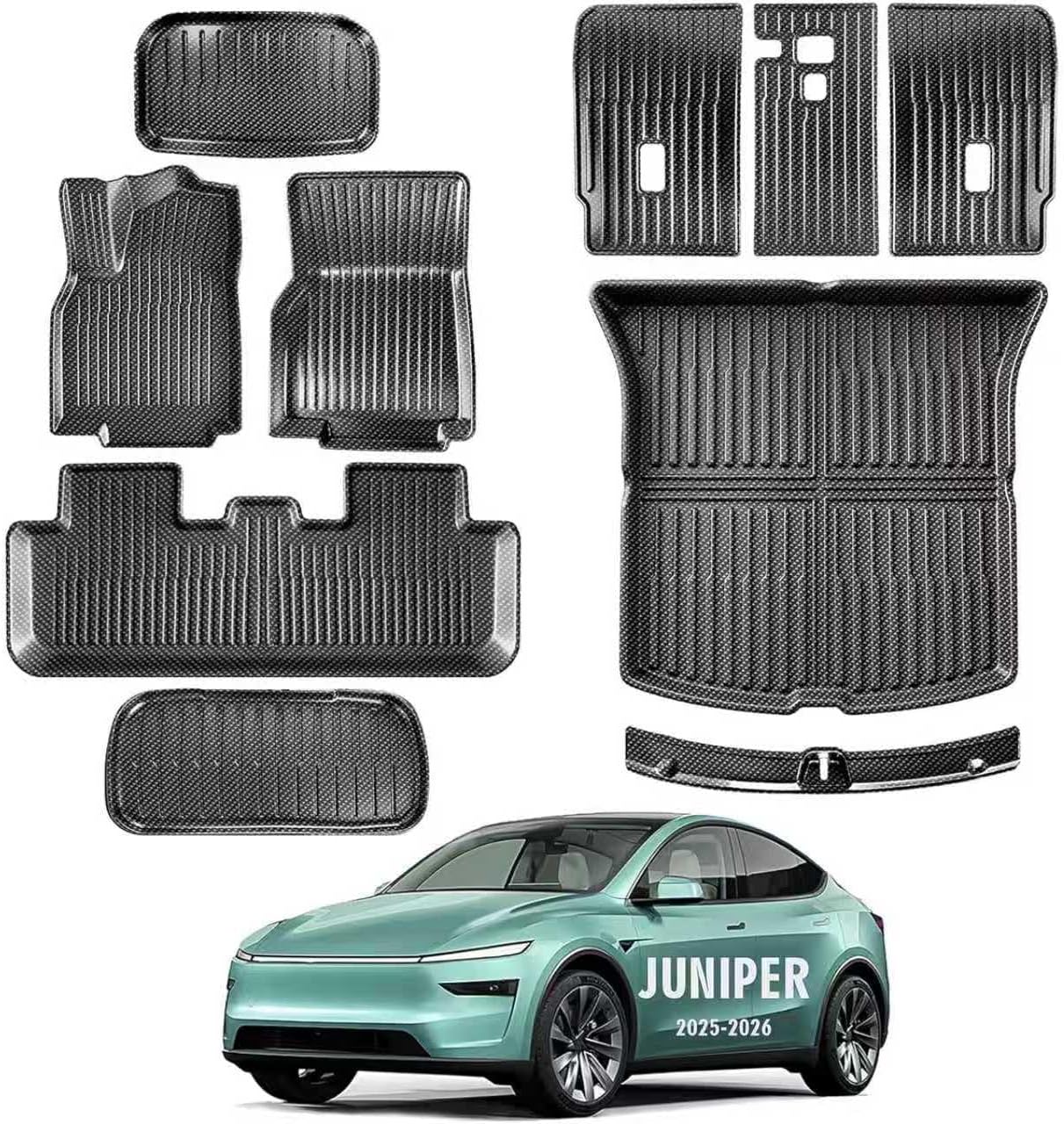 Carbon Fiber Pattern Floor Mats Custom Fit for Tesla Model Y Juniper 2025 2026 5-Seater,8-Piece All Weather TPE Set with Trunk Sill Protector & Rear Seat Back Cover(Not for Standard)
