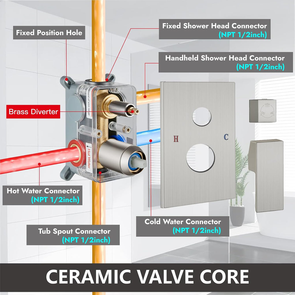 Midanya Shower System with Tub Spout,Bathtub Shower Faucet Set with Square Rainfall Head and Handheld Sprayer Wall Mount Tub Faucet Set with Valve and Trim Kit,10 Inch Brushed Nickel