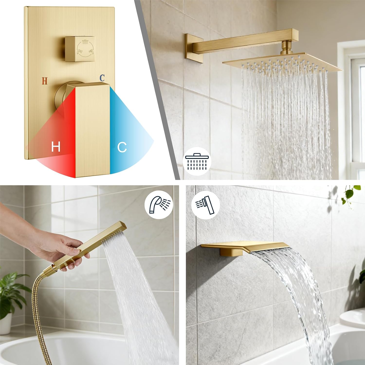 Midanya Shower System with Tub Spout,Bathtub Shower Faucet Set with Square Rainfall Head and Handheld Sprayer Wall Mount Tub Faucet Set with Valve and Trim Kit,10 Inch Brushed Gold