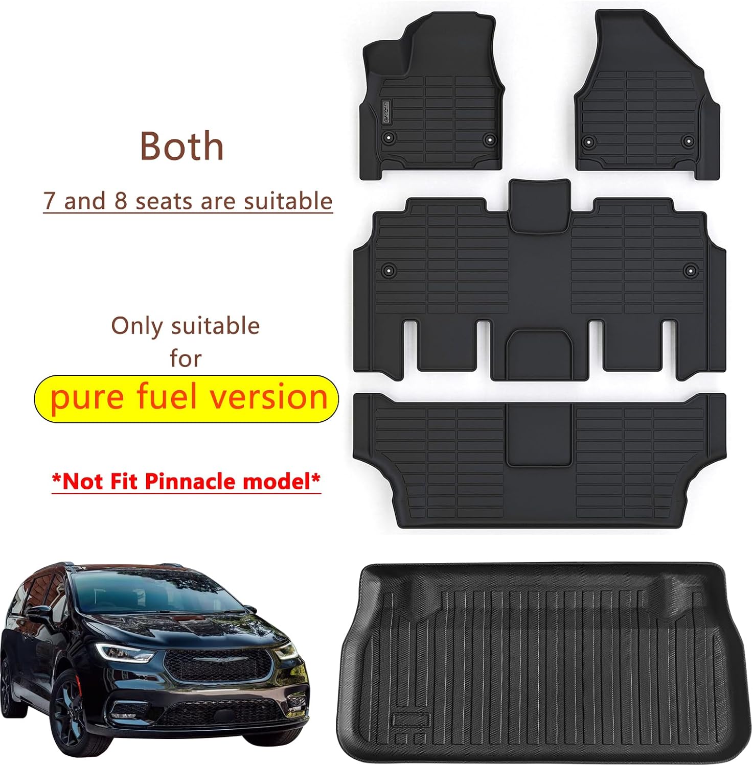 Floor Mats for 2017-2025 2026 Chrysler Pacifica Gas Touring Models (Non Hybrid & Non Pinnacle Model with Trunk Mat TPE All Weather fit 2018-2026 Voyager Car Floor Liners&Cargo Liners-Black