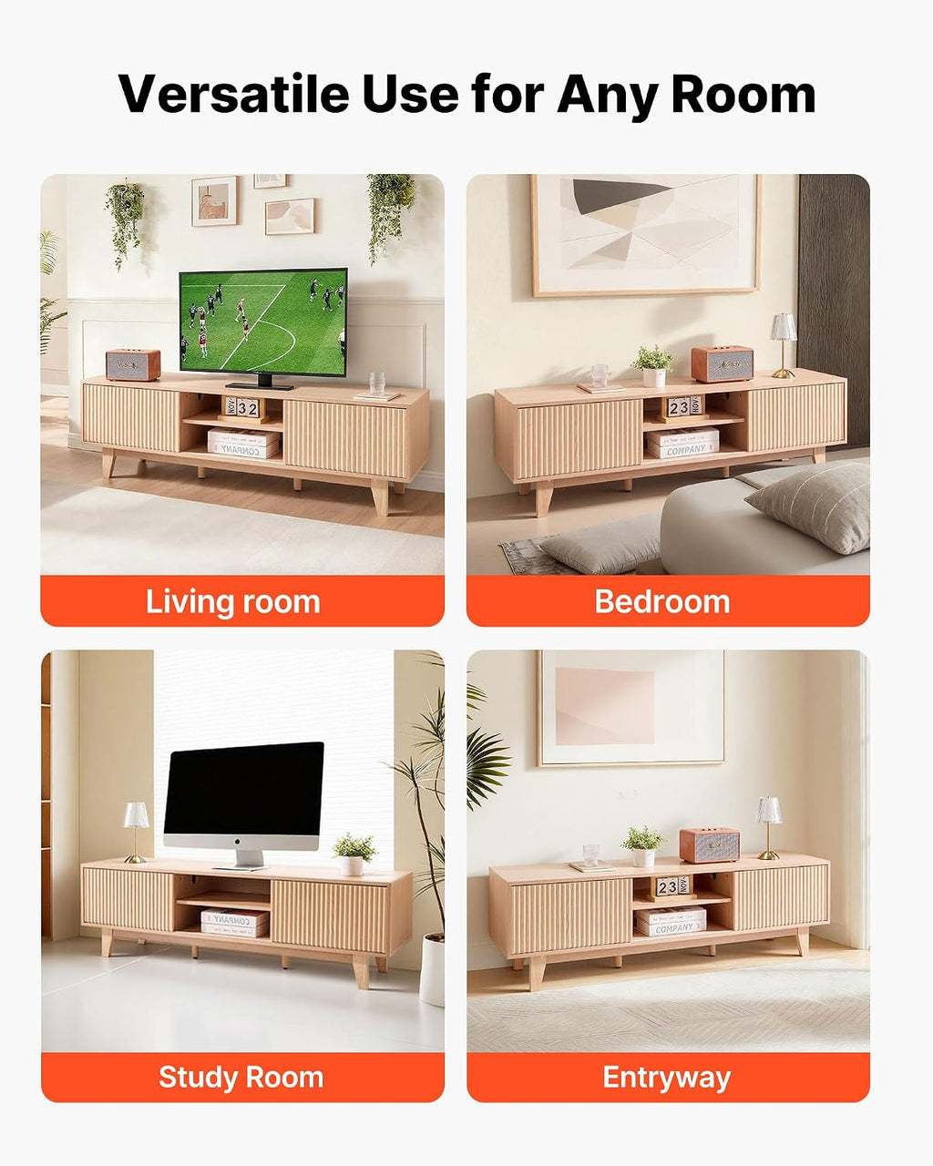 VEVOR 59' Fluted TV Stand, Boho Entertainment Center for 55/60/65 inch TVs, Mid Century Modern Media Console TV Storage Cabinet with Sliding Door and Adjustable Open Shelves, for Living Room, Bedroom