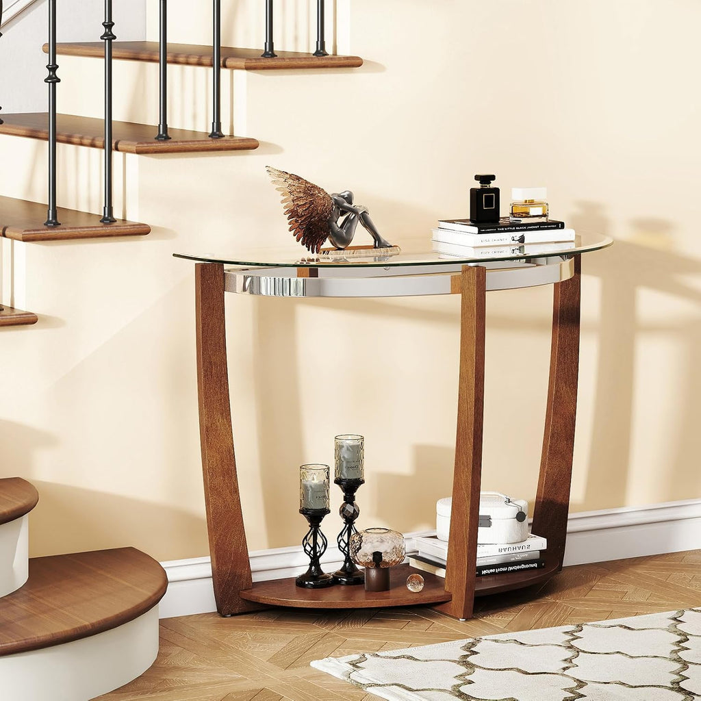 Giantex 2-Tier Glass Console Table, Half Moon Modern Entryway Table with Tempered Glass Top & Open Storage Shelf, Narrow Long Sofa Table for Living Room, Hallway, Foyer, Entrance (Walnut)