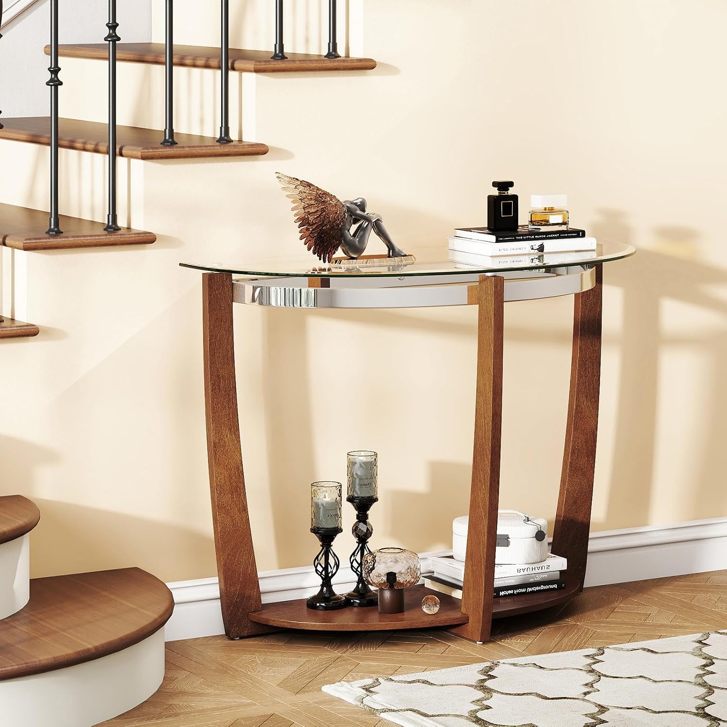 Giantex 2-Tier Glass Console Table, Half Moon Modern Entryway Table with Tempered Glass Top & Open Storage Shelf, Narrow Long Sofa Table for Living Room, Hallway, Foyer, Entrance (Walnut)