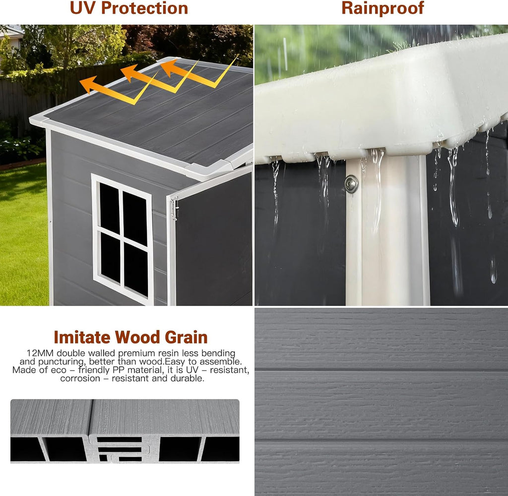 6x4 FT Outdoor Plastic Storage Shed with Floor & Lockable Door, Waterproof Garden Tool Shed with Window & Vent, All-Weather Resin Utility Shed for Backyard, Lawn, Patio, Gray
