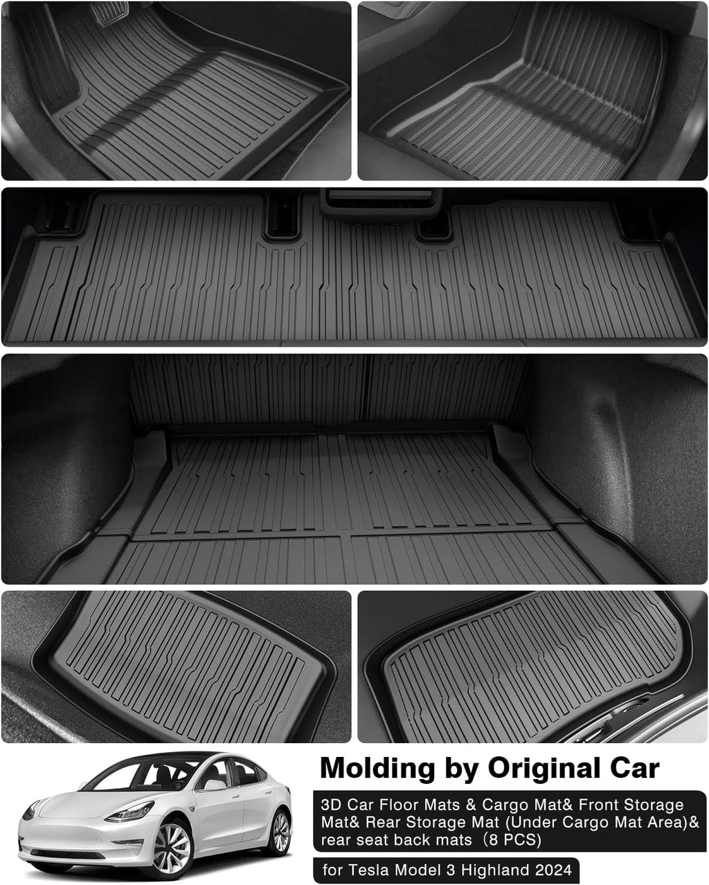 Powerty Floor Mats for 2024 2025 2026 Tesla Model 3 Highland 8 PCS Floor Cargo Liners Full Set All Weather TPE 3D 2 Row Liner Front Rear Storage Mat and Rear Seat Back Mats