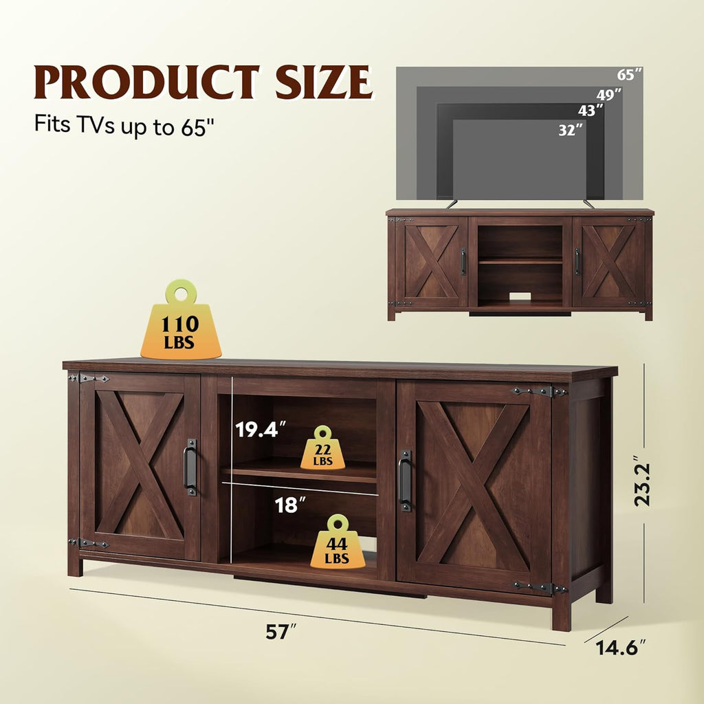 WLIVE Modern Farmhouse TV Stand for TVs up to 65', Entertainment Center with X-Shaped Barn Doors, Large Storage Media TV Console with Adjustable Shelves & Cable Holes for Living Room, Brown