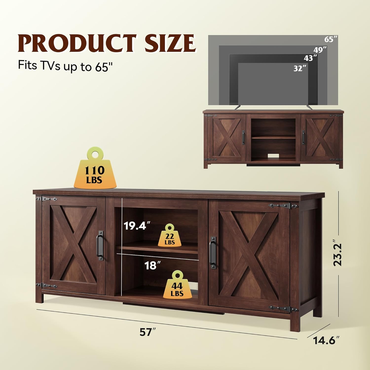 WLIVE Modern Farmhouse TV Stand for TVs up to 65', Entertainment Center with X-Shaped Barn Doors, Large Storage Media TV Console with Adjustable Shelves & Cable Holes for Living Room, Brown