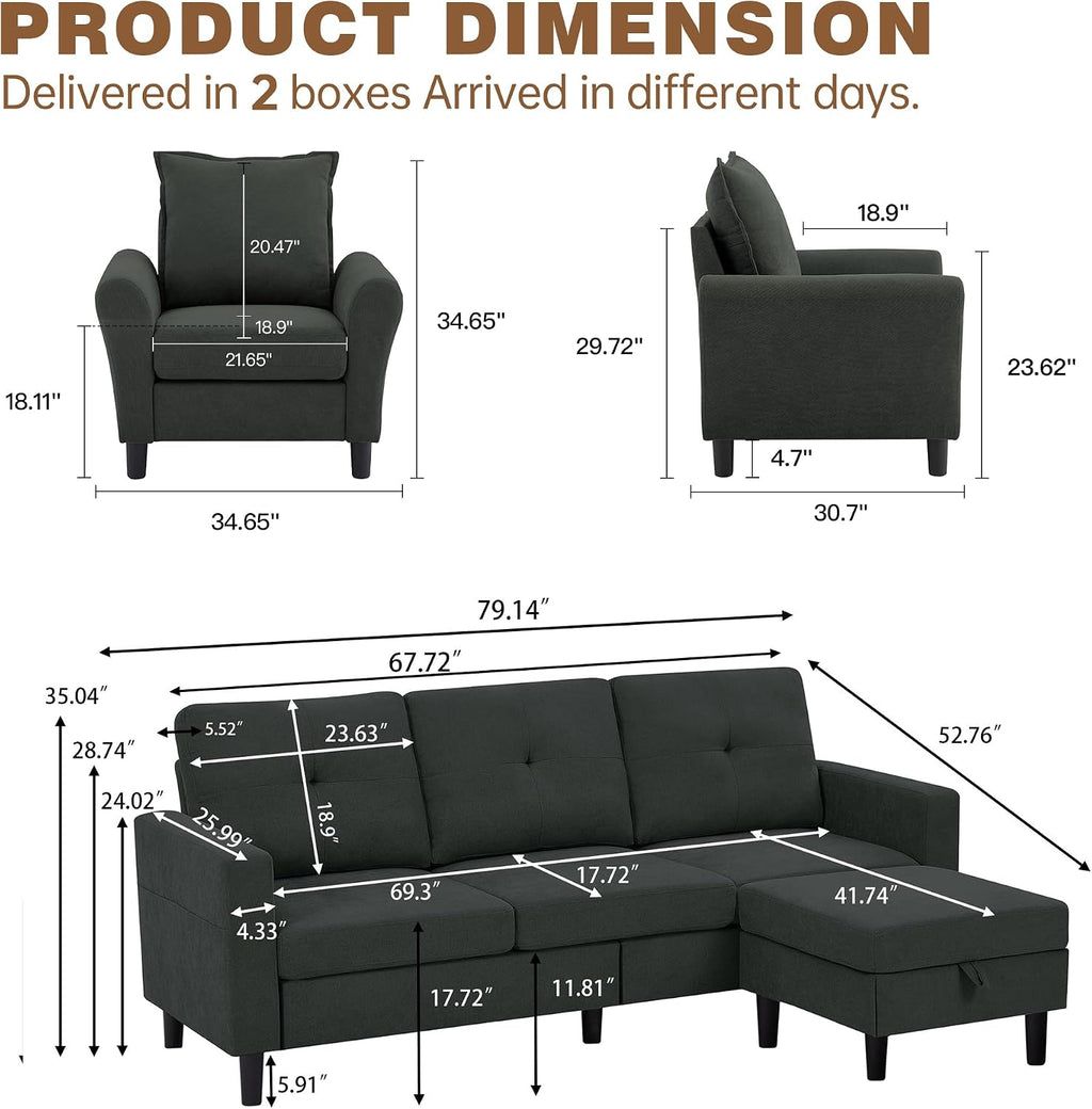 3 Piece Living Room Sofa Sets, Modern 3 Seater Sofa with Storage Ottoman and 2 PSC Armchair Couch Sets, Easy Assembly, Modern 5 Seat Sectional Couches for Living Room, Office,Black