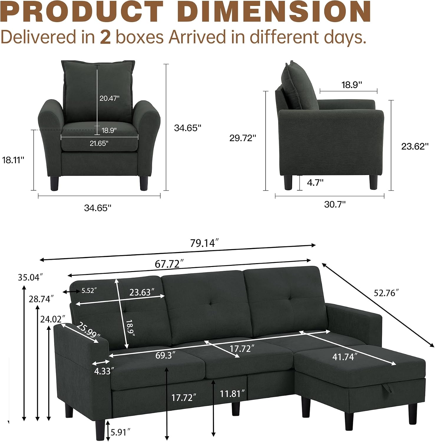 3 Piece Living Room Sofa Sets, Modern 3 Seater Sofa with Storage Ottoman and 2 PSC Armchair Couch Sets, Easy Assembly, Modern 5 Seat Sectional Couches for Living Room, Office,Black