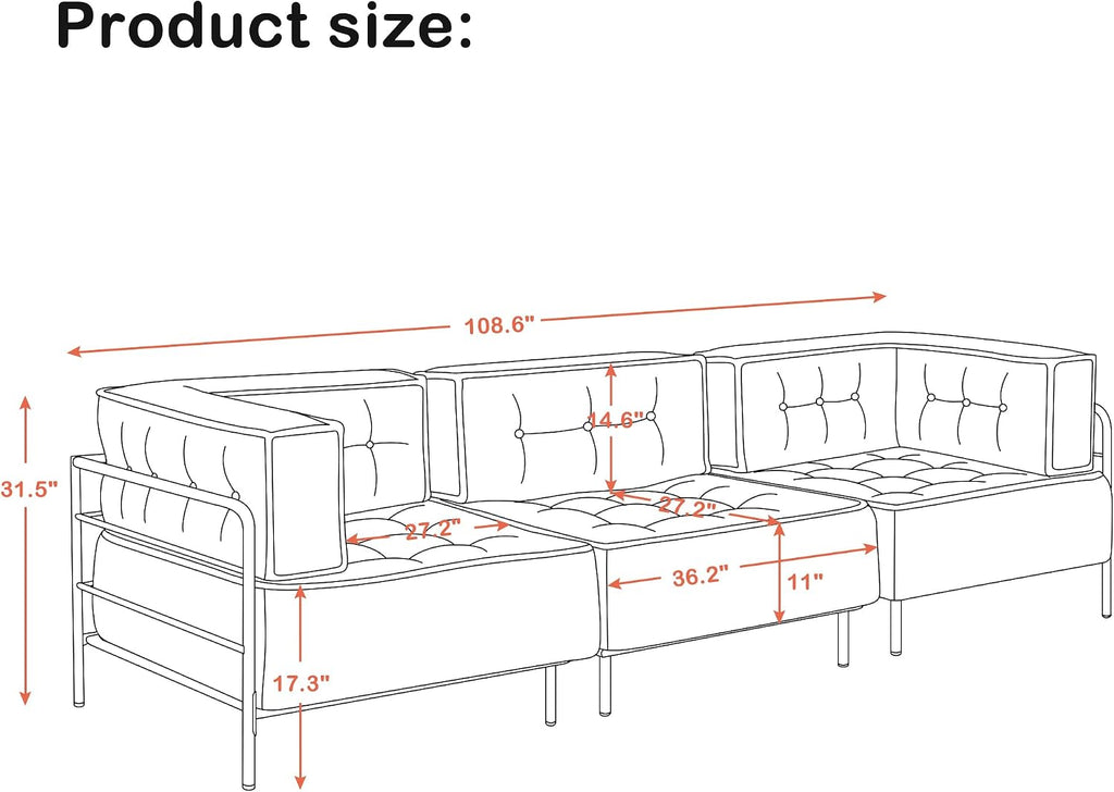MCombo Modular Sofa Couch with Removable Cushion, Accent Sofa Chair, Upholstered Sofa for Living Room, Apartment, Office (Blue, Three Seats)