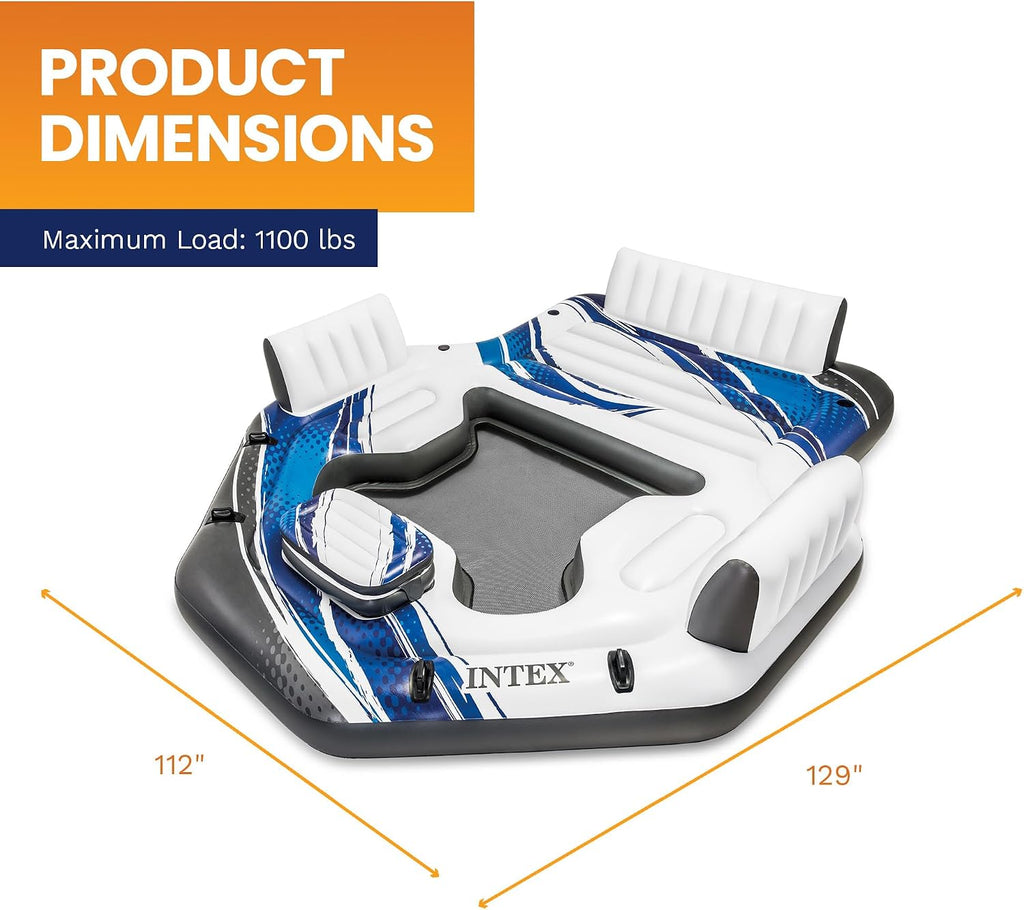 Intex Blue Tropic Inflatable 5 Person Raft or Swimming Pool Island Water Floating Lounger Raft with Backrests, Built in Cooler, and 4 Cupholders