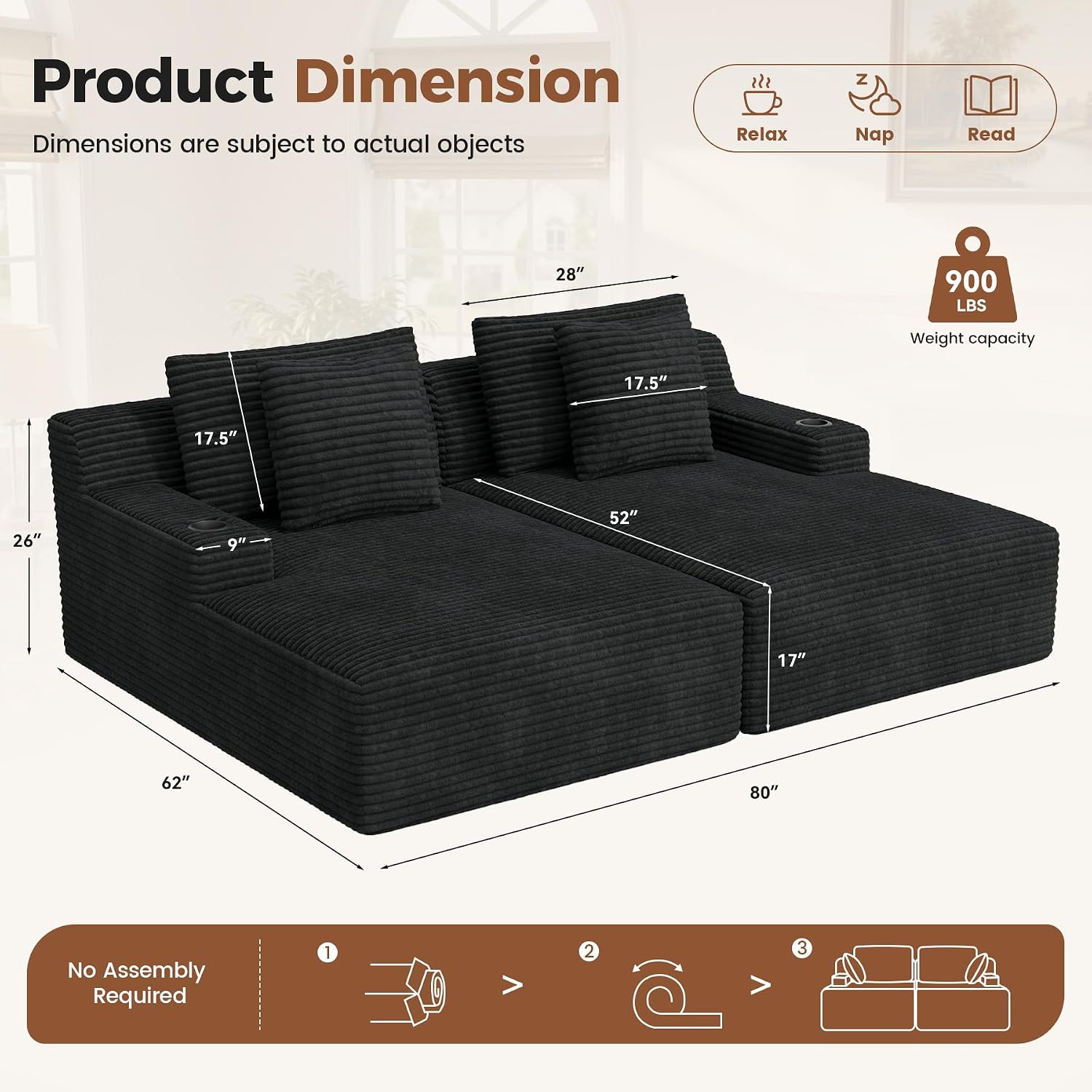 Luxanimarion 80'' Double Chaise Lounge Chair Indoor, Non-Assembly Deep Seat Sofa with Cup Holders Boneless Bed with 4pcs Pillows for Living Room Bedroom, Black- Corduroy