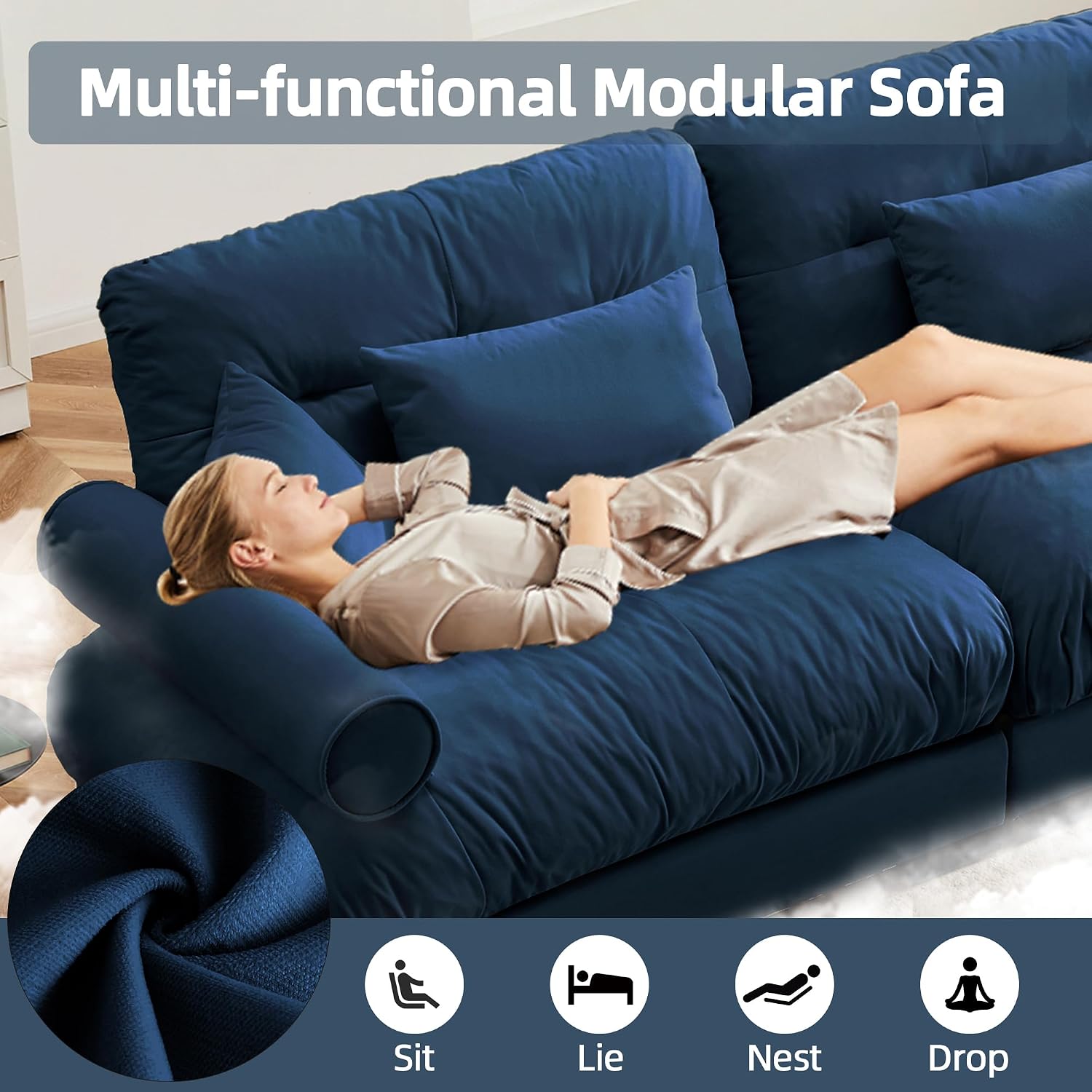 Loveseat Sofa 93.7' Modular Sectional Sofa, 2 Seater Modern Cloud L Shaped Couch, Oversized Sectional Couches for Living Room, Comfy Velvet Sofas Deep Seat Couch with 4 Pillows, Blue