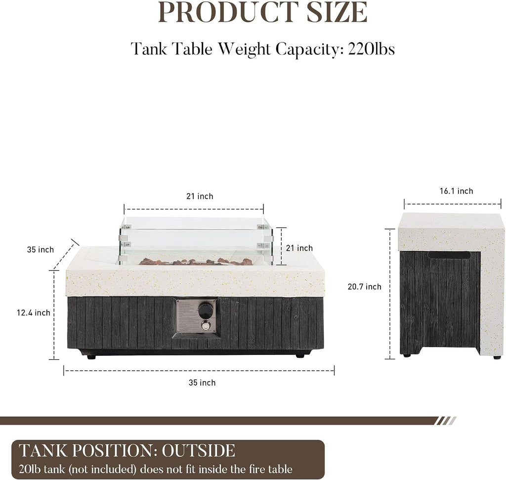 COSIEST 35' Outdoor Propane Fire Pit Table w Tank Cover & Wind Guard, Square Gas Fire Pit Table with Concrete & Wood Grain Design, 50000BTU Fire Tables for Patio, Backyard, Garden