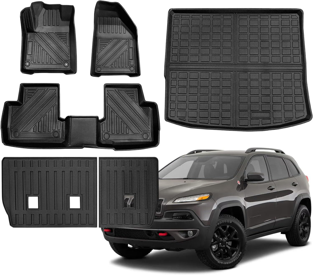 Compatible for 2014-2025 Jeep Cherokee Floor Mats Full Set All Weather Floor Mats & Seat Back Cover & Cargo Liner Protector for 2014-2025 Jeep Cherokee Accessories