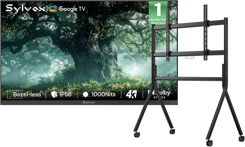 SYLVOX 65 inch Outdoor TV with Rolling Stand, Ultra-Narrow Bezel, 4K Smart TV, 1000 nits, IP56 Waterproof, Dual Speakers, All-Weather Metal Chassis for Patio, Deck, Backyard (Frameless Series)