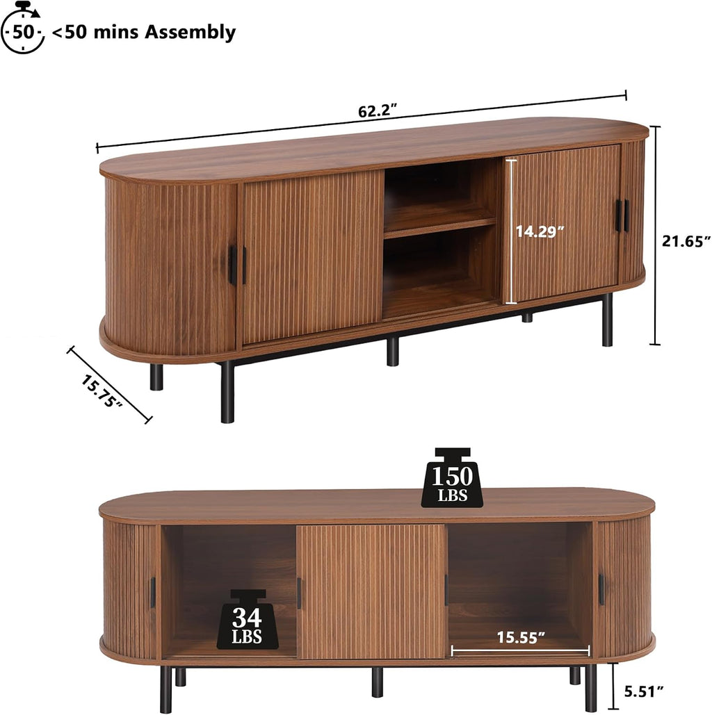 Janmer Home 63' Fluted TV Stand for 65/70 Inch, Mid Century Modern Console With Sliding Doors, Curved Gaming Entertainment Center, Media Console for Living Room, Bedroom (Walnut, 63inch-4doors)