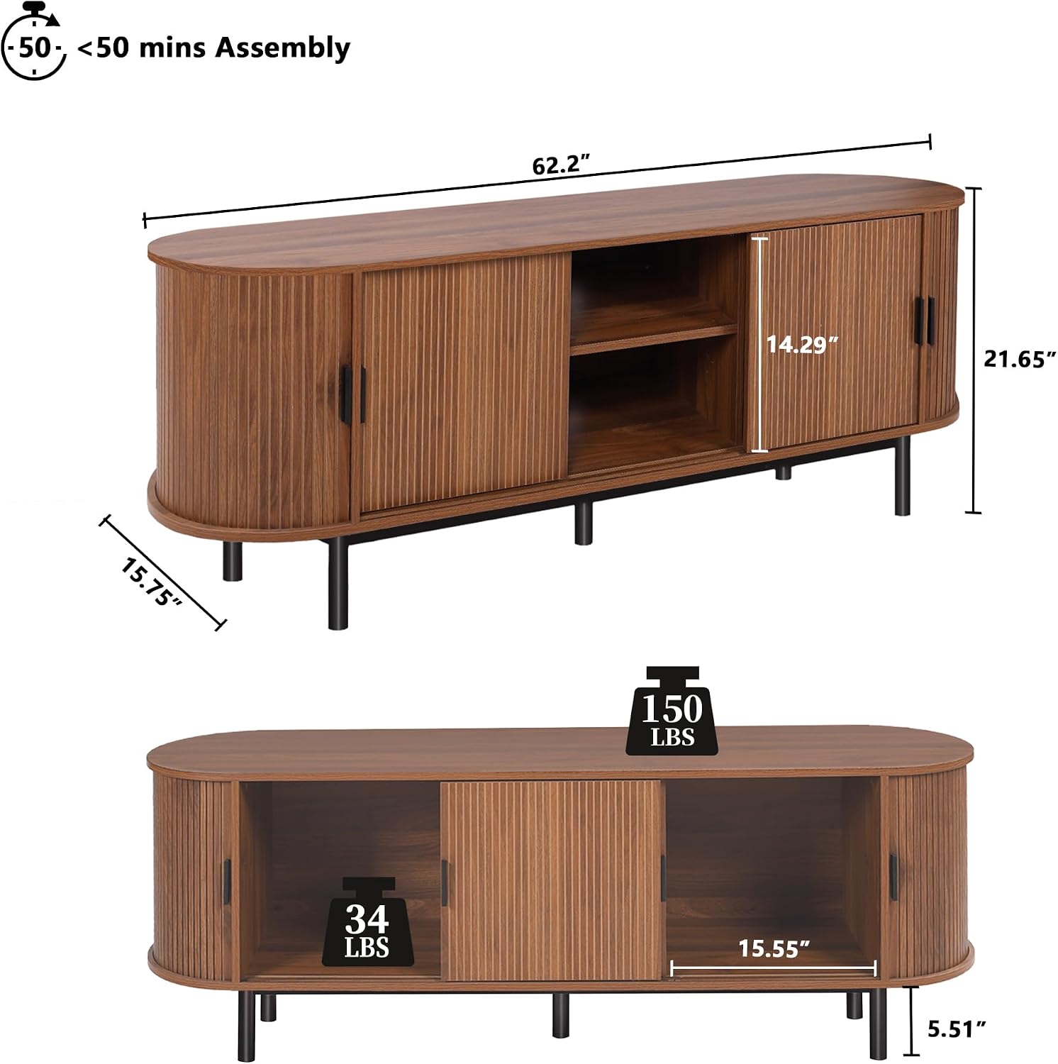 Janmer Home 63' Fluted TV Stand for 65/70 Inch, Mid Century Modern Console With Sliding Doors, Curved Gaming Entertainment Center, Media Console for Living Room, Bedroom (Walnut, 63inch-4doors)