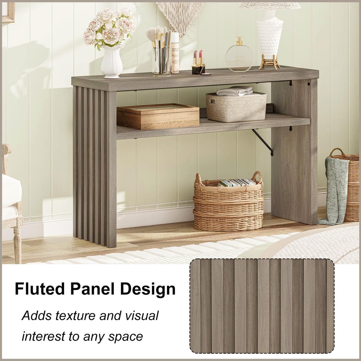 BON AUGURE Sofa Console Table, Wood Entryway Table, Grey Behind Couch Tables with Open Storage, Modern Narrow Hallway Tables (Greige Oak, 47 Inches)