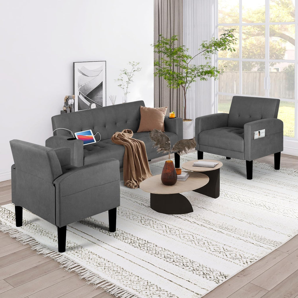 AILEEKISS 3 Piece Living Room Sofa Set Loveseat Sofas Sets with 2 USB,Cup Holders,Side Pocket,Modern Fabric 3 Pcs Sectional Couches Set for Apartment,Office,Bedroom (2-Seat+1-Seat+1-Seat, Dark Grey)