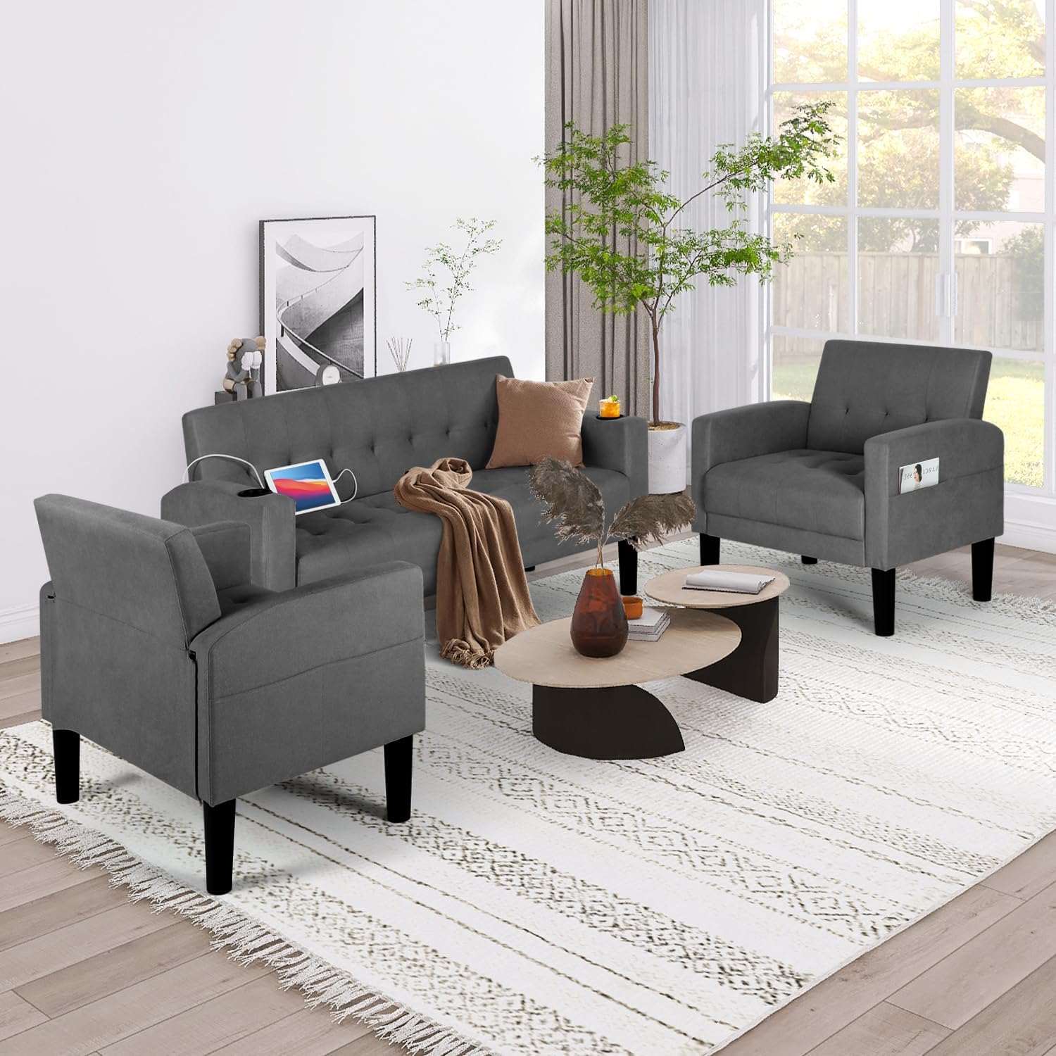 AILEEKISS 3 Piece Living Room Sofa Set Loveseat Sofas Sets with 2 USB,Cup Holders,Side Pocket,Modern Fabric 3 Pcs Sectional Couches Set for Apartment,Office,Bedroom (2-Seat+1-Seat+1-Seat, Dark Grey)