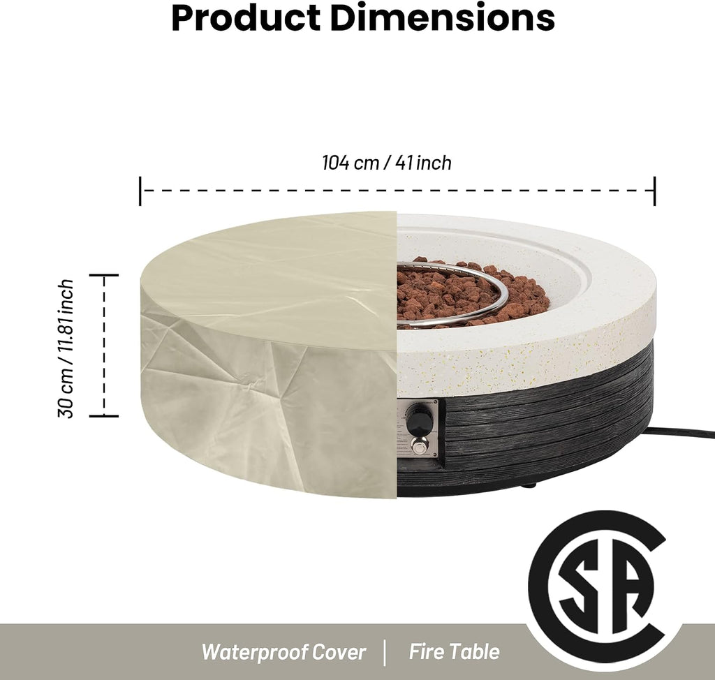 41inch Round Propane Fire Pit Table-Black & White Magnesium Oxide Design,50000 BTU Heat,with 20 Gallon Tank Cover, Glass Wind Guard & Waterproof Cover