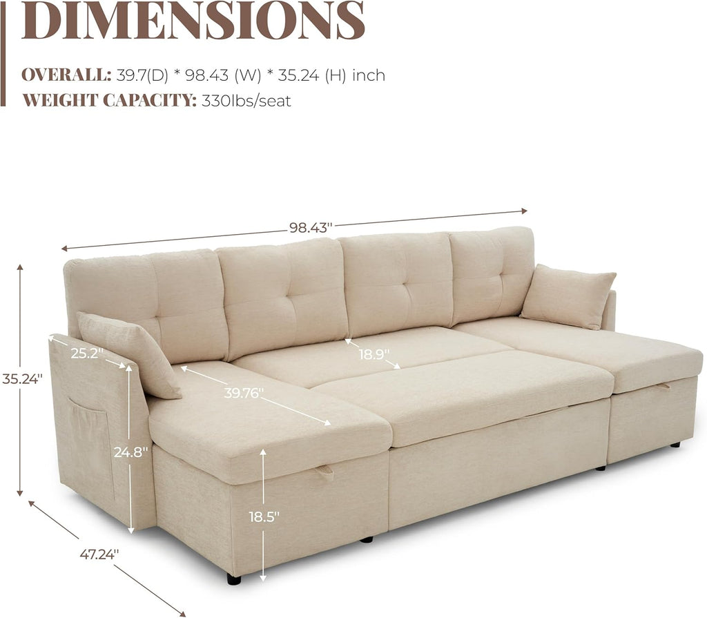 Huatean Home Oversized Sleeper Sofa Couch, 100 inch 2 in 1 Pullout Couch Bed with Side Pockets for Living Room, Sectional Sleeper Sofa Bed with Double Storage Chaise, Beige