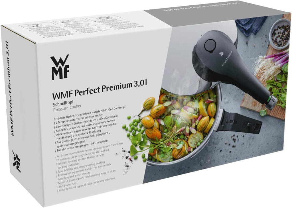WMF Perfect Premium Pressure Cooker 3.0 litres Polished Stainless Steel 2 Cooking Levels All-in-One Rotary Knob, Dishwasher Safe, Diameter 22 cm Suitable for Induction, Stainless Steel, Silver