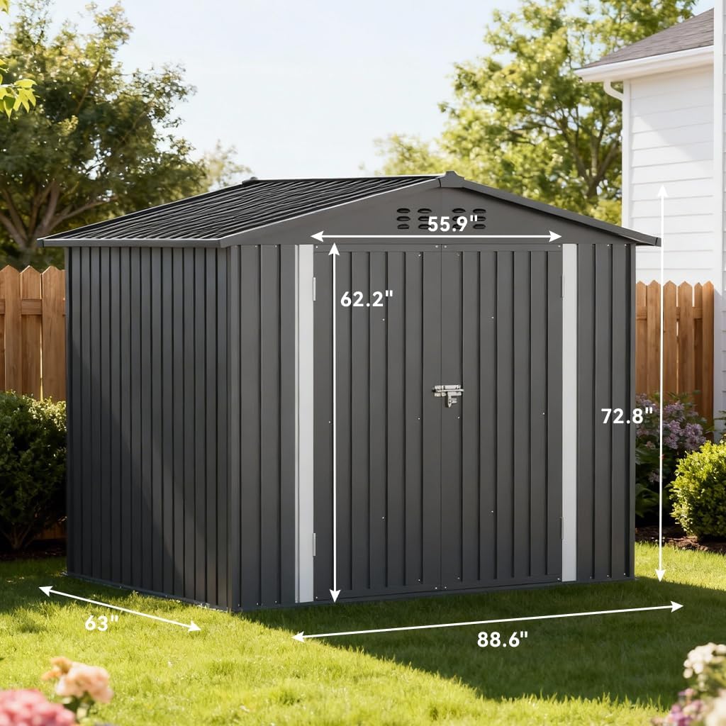 COMHOMA Shed Storage Outdoor Metal Windowed Lockable Weatherproof Ventilated Backyard Garden Utility Workshop(Grey,8'*6')