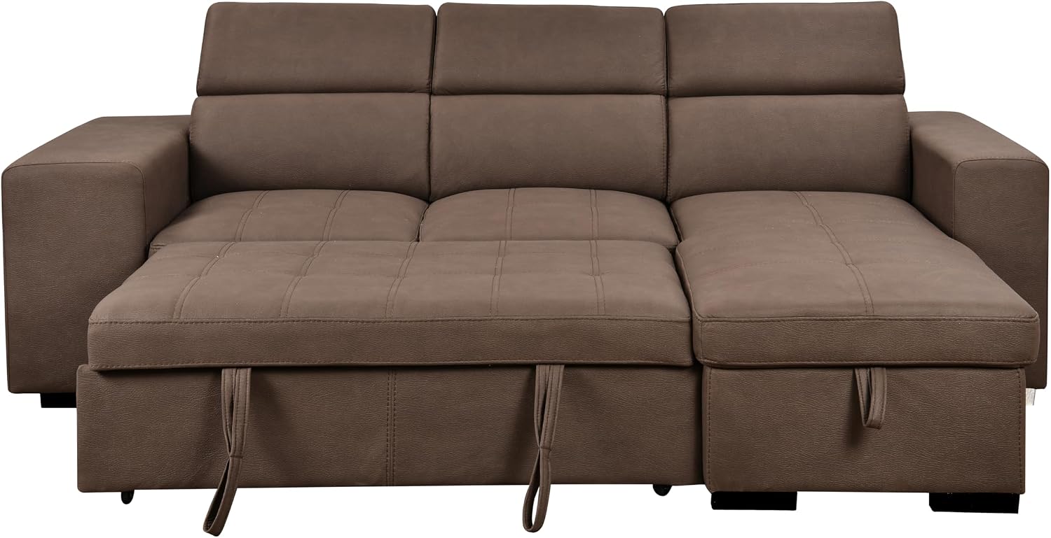 THSUPER 102'' Microfiber L Shaped Sectional Sleeper Sofa Couch with Pullout Bed and Storage Chaise, Convertible Couches with Adjustable Headrest for Living Room, Reversible Chaise. Dark Brown
