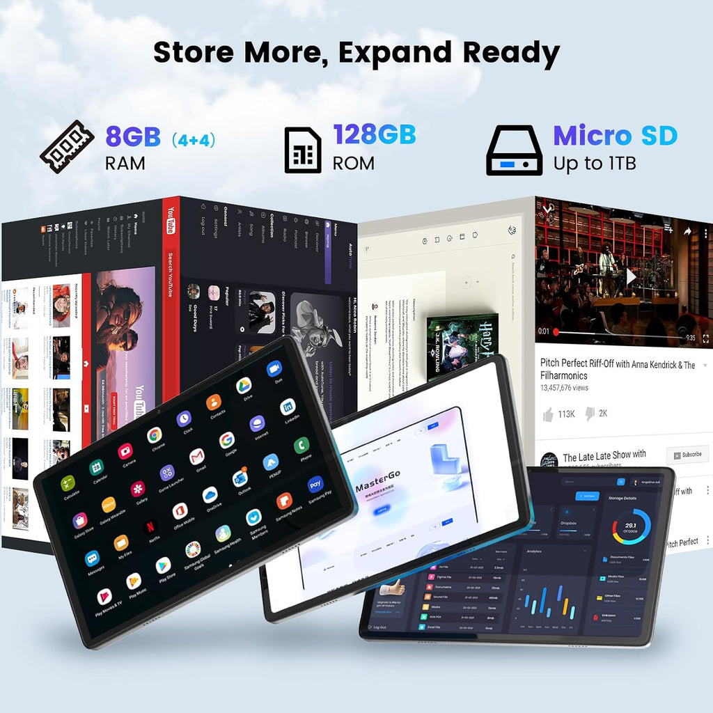 Azeyou Android 14 Tablet, 8GB RAM 128GB ROM 1TB TF, 10.1'' IPS Touchscreen 10H Battery, Dual Camera, Wi-Fi 6, Slim, Light, 2 Year Warranty(Metal Gray)