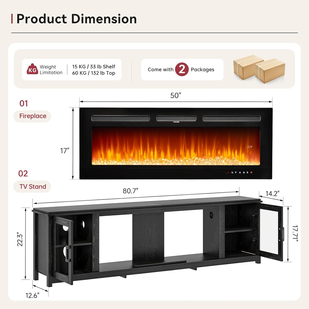 80' Fireplace TV Stand with 50' Smart Fireplace, LED Light Entertainment Center and Storage, Media TV Console for TVs Up to 90',Fire Place TV Stands for Living Room, Black