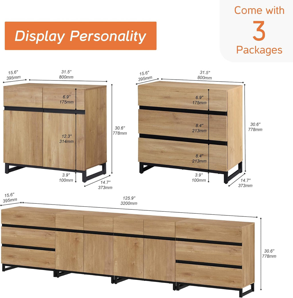 WAMPAT Modern TV Stand for TVs up to 120 Inches, 4-in-1 Media Console with 6 Drawers and Adjustable Shelves, Entertainment Center for Living Room or Bedroom, Oak
